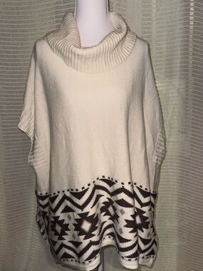 Old Navy Cream Cowl Neck Poncho with Brown Aztec Hem